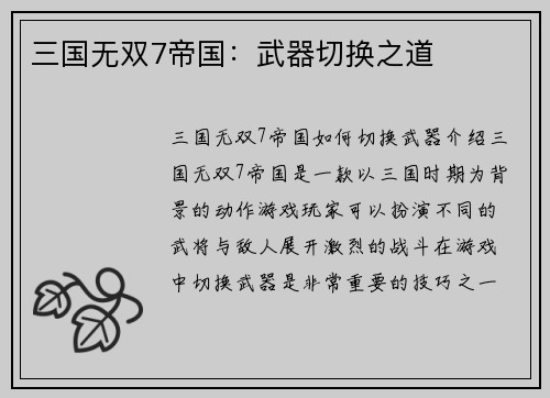 三国无双7帝国：武器切换之道